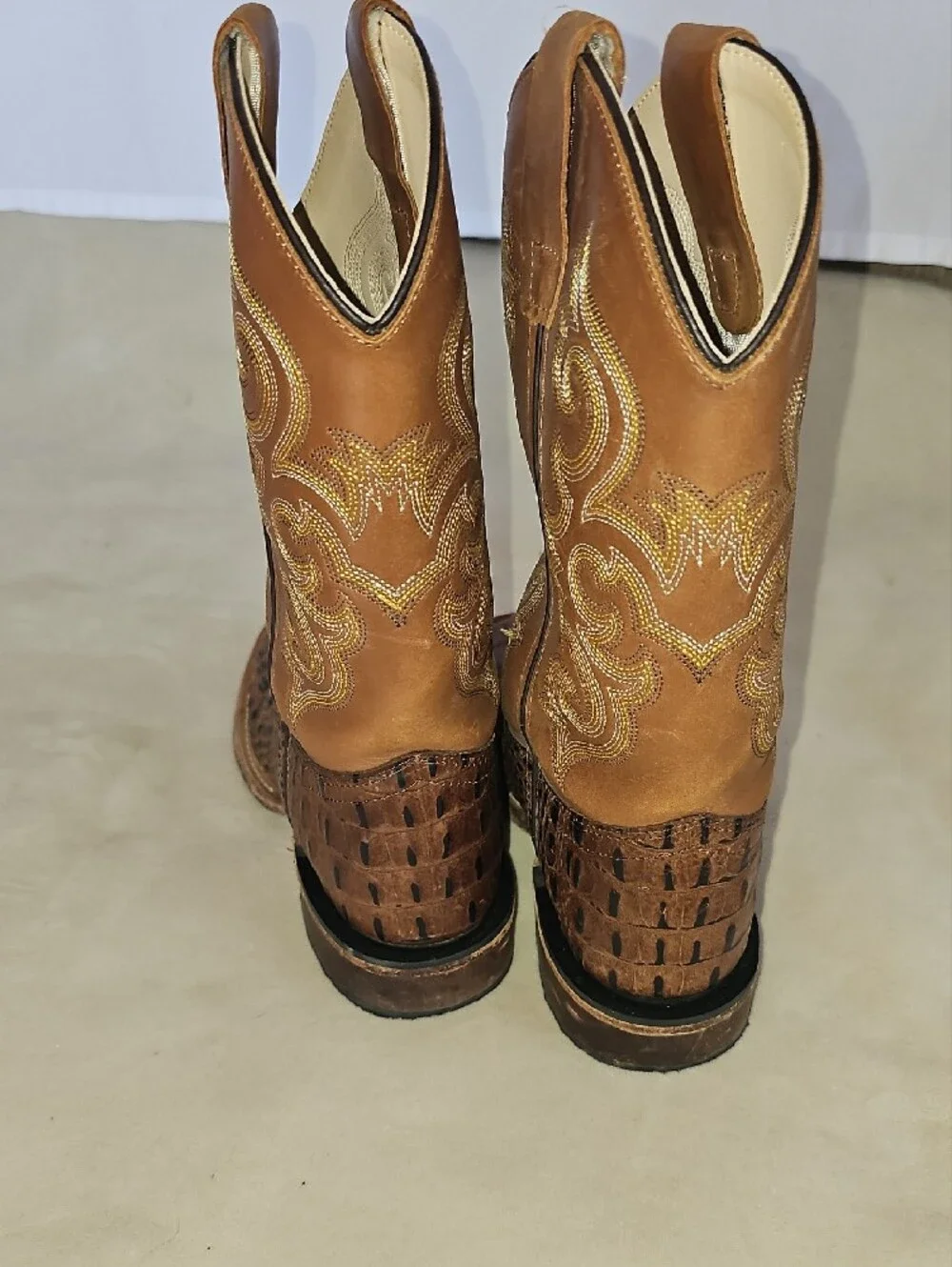 Old West Tan and Brown Kids Western Pull-On Boots Size 3.5